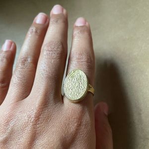 Engraved ID signet oval ring w design gold boho brass adjustable